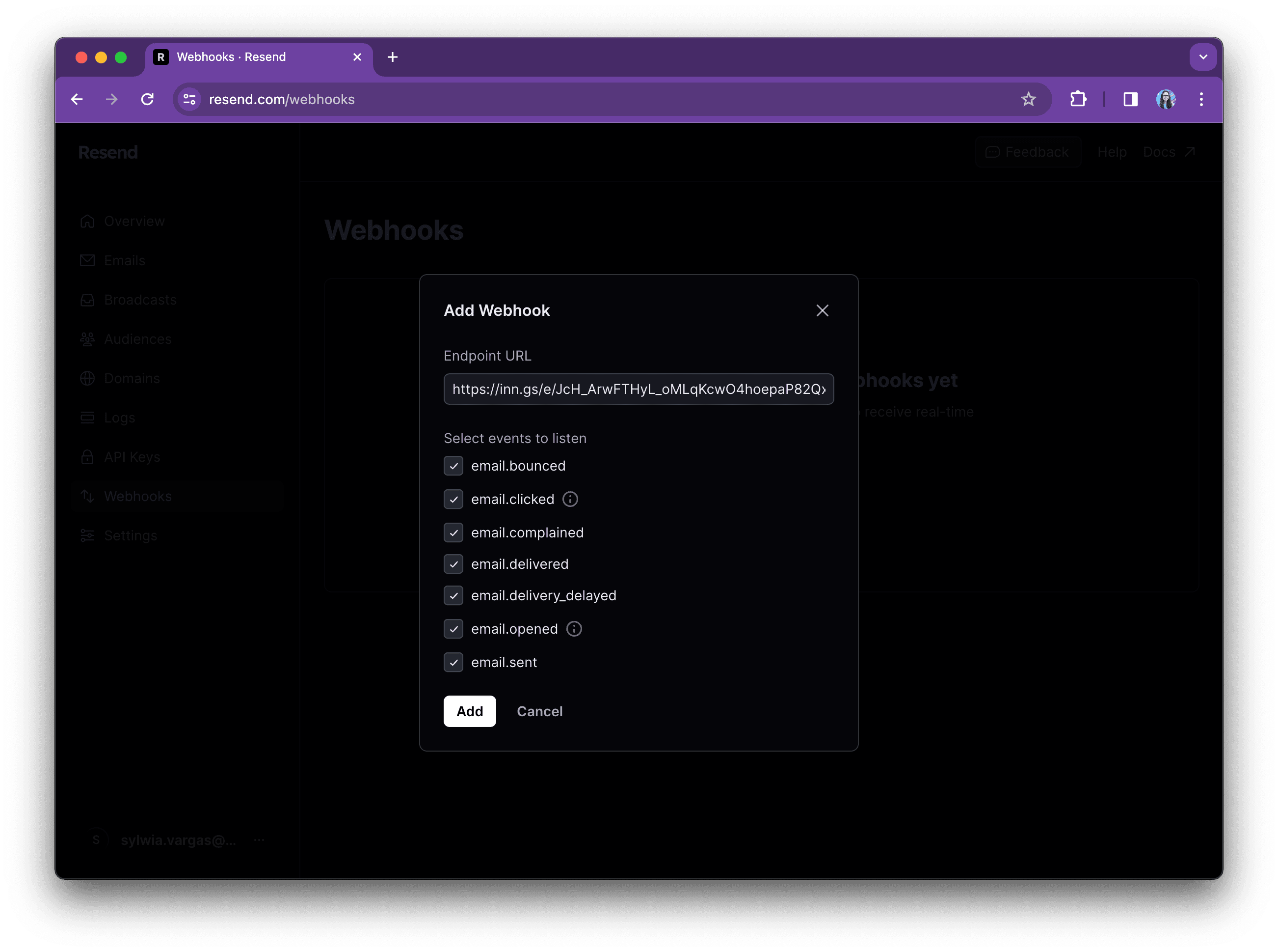 A form in a modal window with a field to paste a webhook URL and a list of possible events to listen to.